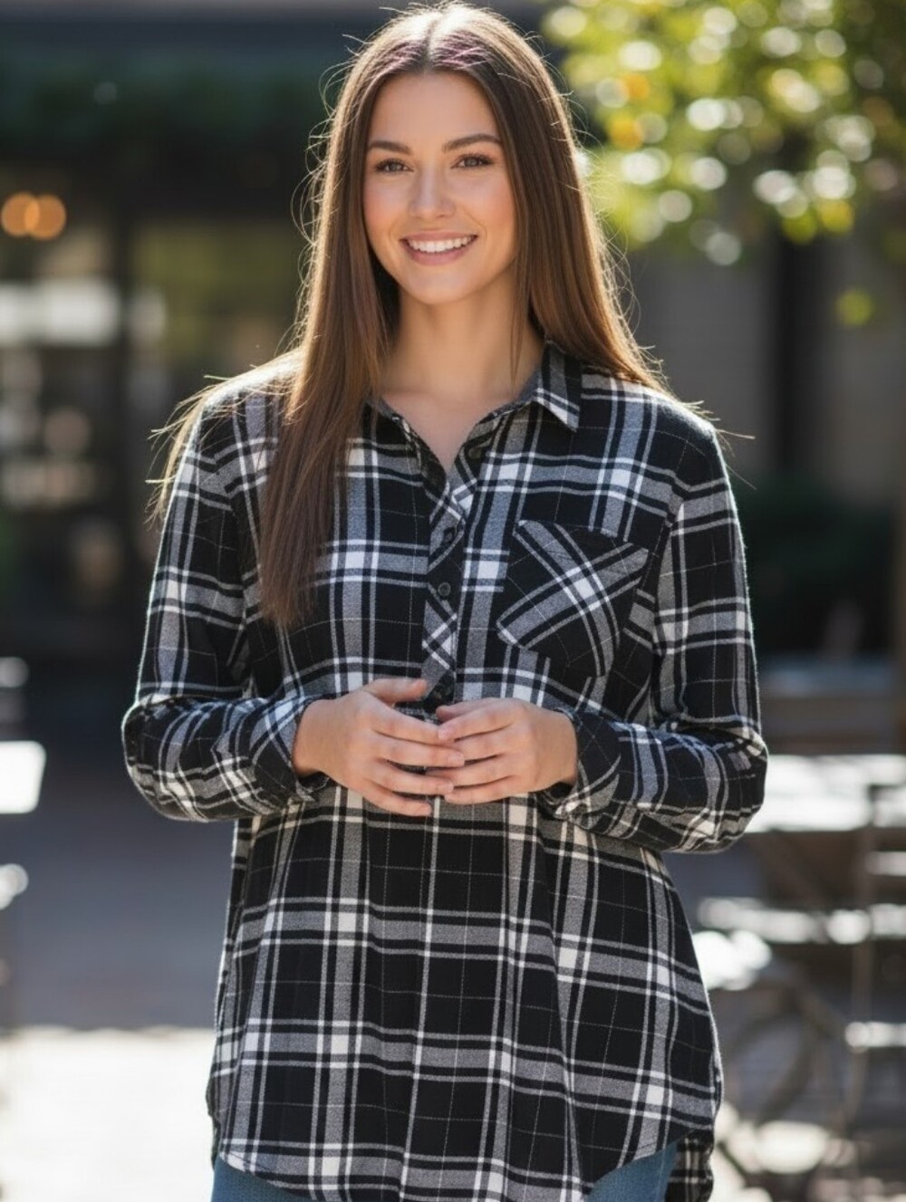 Legendary Whitetails Cotton Blend Black & White Plaid Henley Shirt With Lurex.